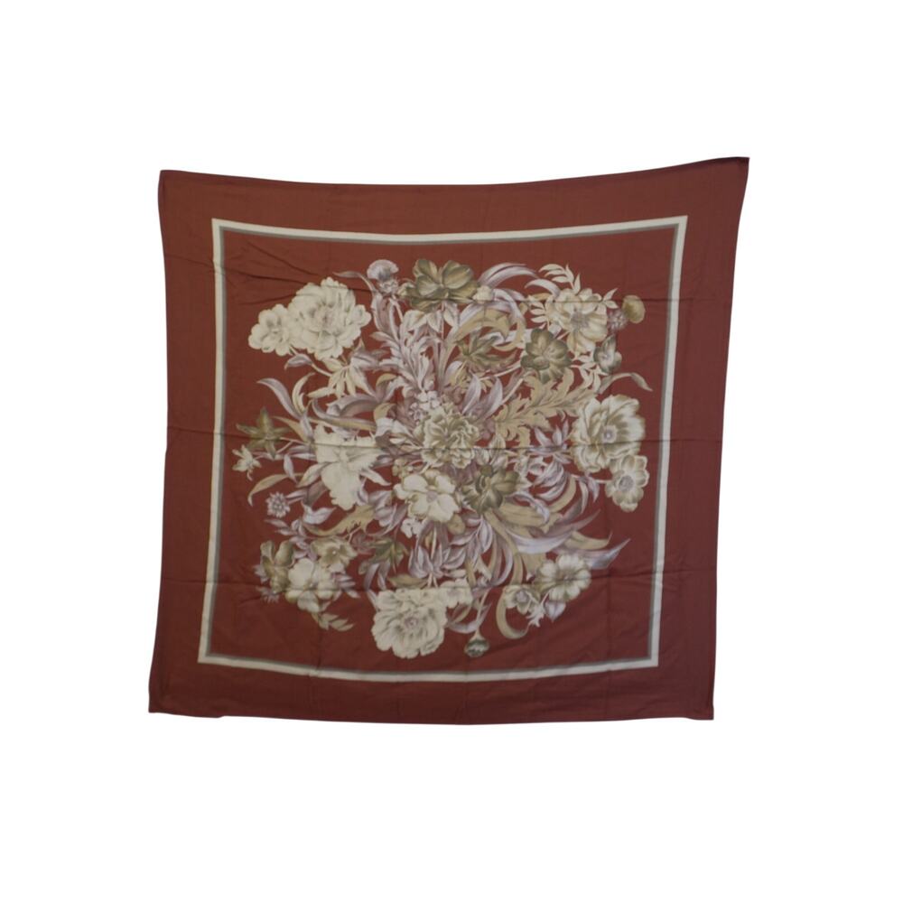Vintage Dark Orange Floral Silk Scarf 33"-31" Ivory Botanical Print Elegant Wrap